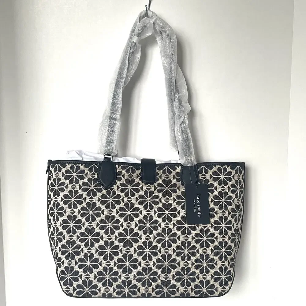 Kate Spade Black Flower Jacquard Tote Medium Leather Trim Shoulder Bag